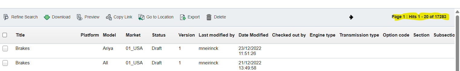 Screenshot of a webclient interface showing a search result page with two entries titled 'Brakes', various columns like Platform, Model, Market, Status, and a pagination control indicating 'Page 1: Hits 1 - 20 of 17283'.