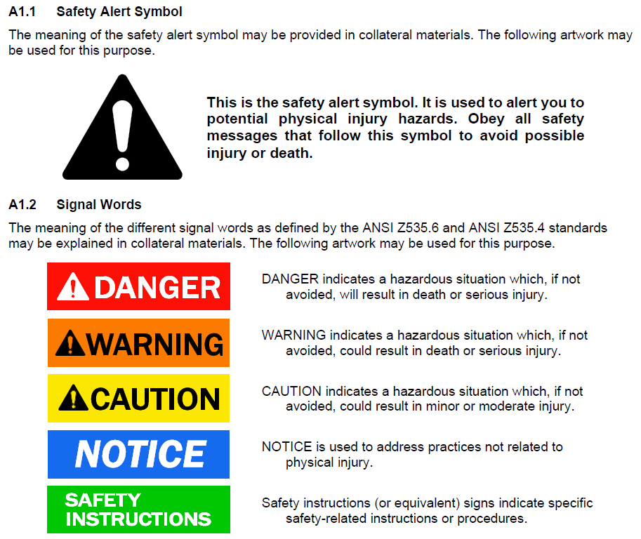 Section A1.1 titled Safety Alert Symbol, showing a black exclamation point inside a yellow triangle with a description of its purpose to alert physical injury hazards.