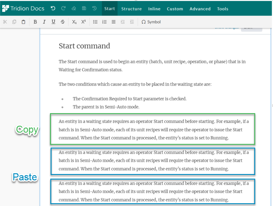 Screenshot of Tridion Docs interface showing a 'Start command' section with highlighted text being copied and pasted, resulting in duplicate content.