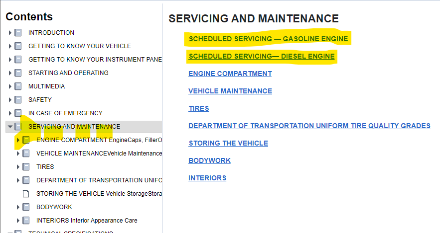 Screenshot of Trados Studio's Tridion Docs WebHelp output showing the left TOC navigation pane with a highlighted section titled SERVICING AND MAINTENANCE, and sub-sections such as ENGINE COMPARTMENT and VEHICLE MAINTENANCE.
