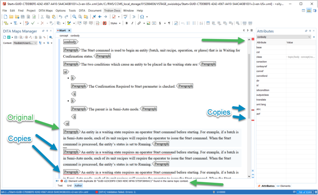 Screenshot of an XML editor with 'Start command' content showing original and copied paragraphs, indicated by arrows, leading to duplicate GUID errors.