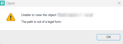 Error message in Trados Studio dialog box saying 'Unable to view the object' followed by a blurred out section, and 'The path is not of a legal form.'