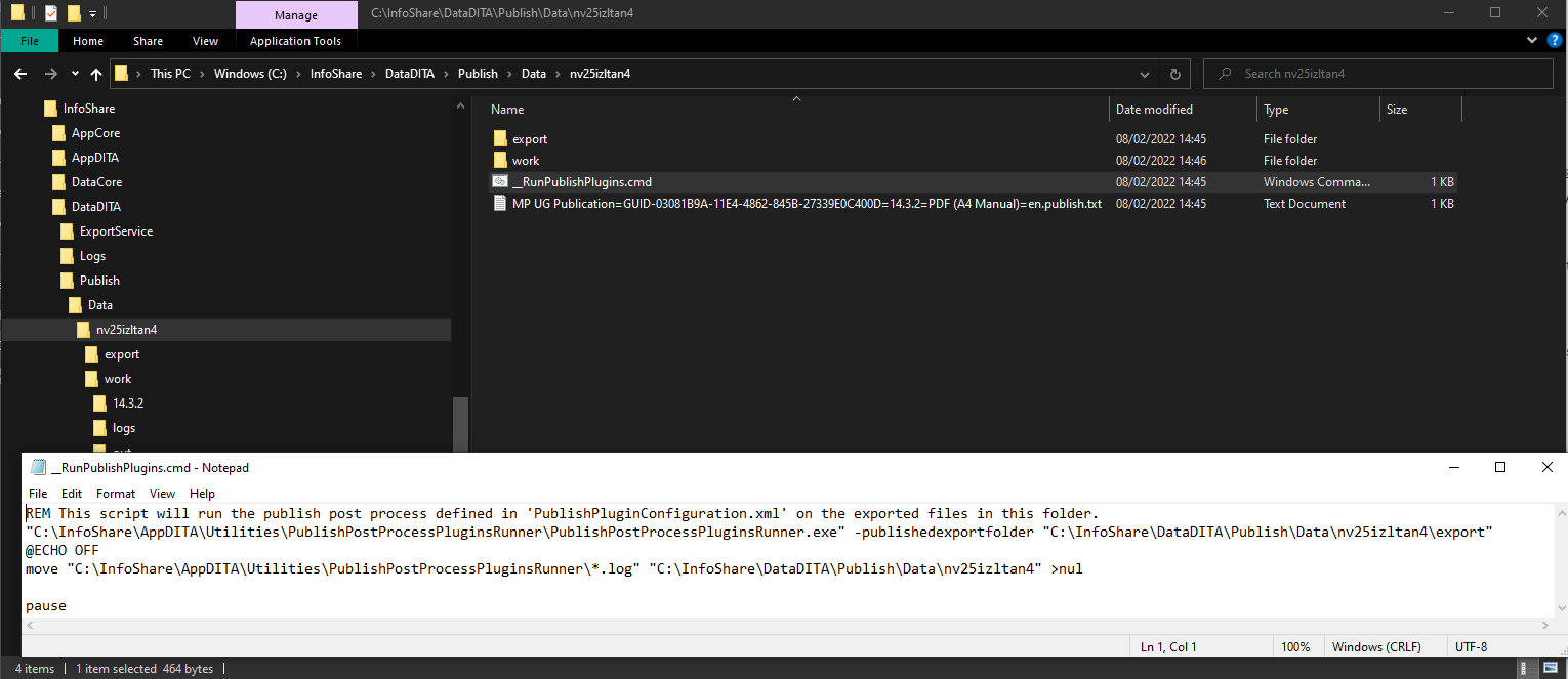 Screenshot of a Windows file explorer showing the directory C:InfoShareDataDITAPublishDatanv25izltan4 with subfolders and a command file open in Notepad with content visible.