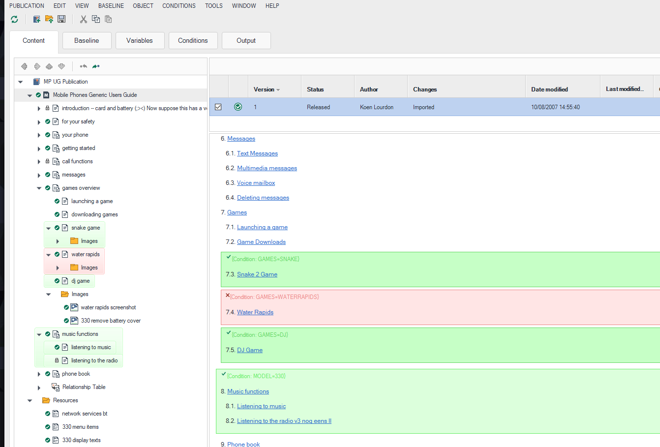 Screenshot of Trados Studio Publication Manager showing a content tree with various topics. Green checkmarks indicate conditions applied to topics like 'snake game' and 'DJ game'. A red cross highlights a condition error on 'water rapids'.