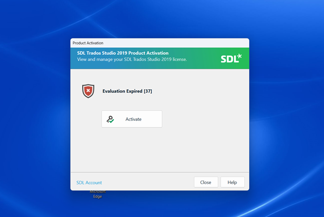 SDL Trados Studio 2019 Product Activation window showing an error message 'Evaluation Expired 37' with an 'Activate' button below it.