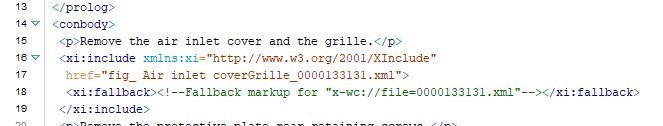 Screenshot of Oxygen XML Editor displaying a conbody element with a paragraph instructing to remove air inlet cover and grille, followed by an XInclude element referencing an external XML file.