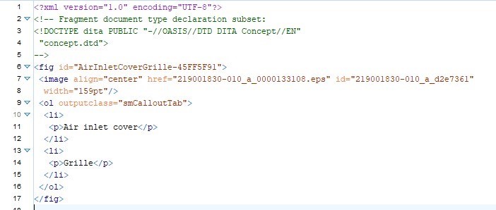 Screenshot of Oxygen XML Editor showing DITA document type declaration and a figure element with XInclude reference to an external image file.