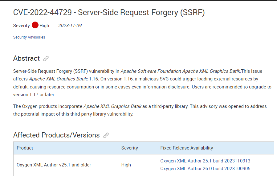 Security advisory for CVE-2022-44729 showing high severity SSRF vulnerability in Apache XML Graphics Batik, affecting Oxygen XML Author v25.1 and older.