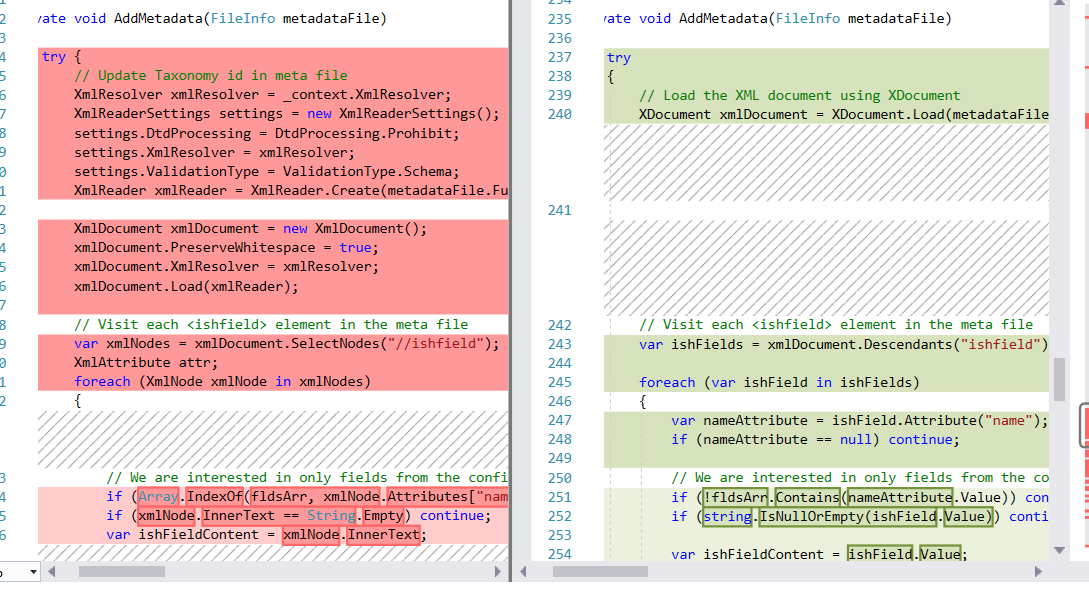 Screenshot of code comparing XMLDocument and XDocument implementations. Left side shows XMLDocument with XmlReader, right side shows XDocument with Descendants method.