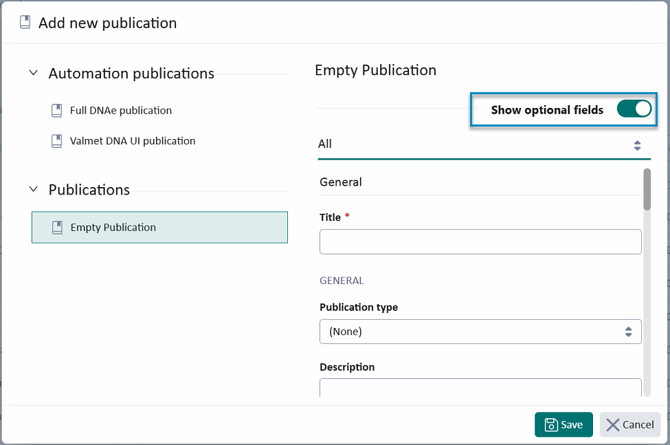 Screenshot of a 'Add new publication' interface with options for 'Automation publications' and 'Publications'. A toggle button labeled 'Show optional fields' is turned on, indicating optional fields are currently displayed.