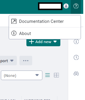 Screenshot showing a Documentation Center dropdown menu with an 'About' section and an 'Add new' button.