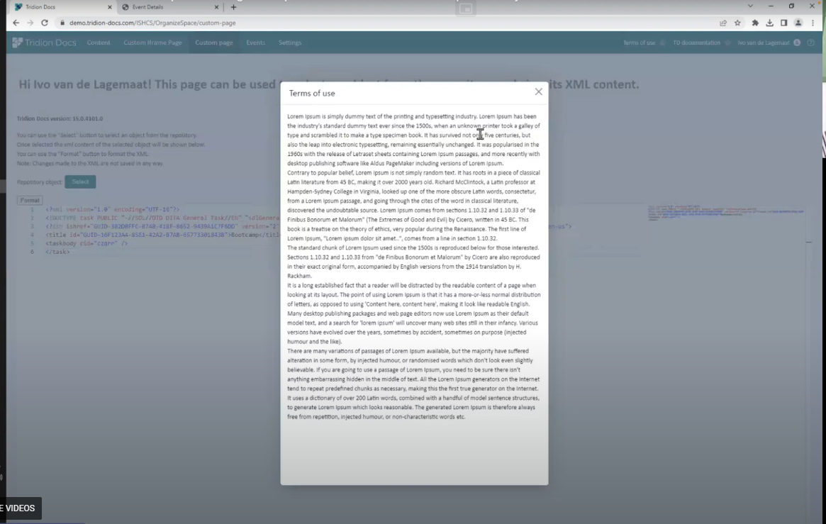 Screenshot of a custom iframe page within Tridion Docs showing a greeting message to Ivo van de Lagemaat and a 'Terms of use' section with Lorem Ipsum text.