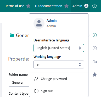 Screenshot of the Tridion Docs interface showing the Admin dropdown menu with options for User interface language, Working language, Change password, and Sign out.