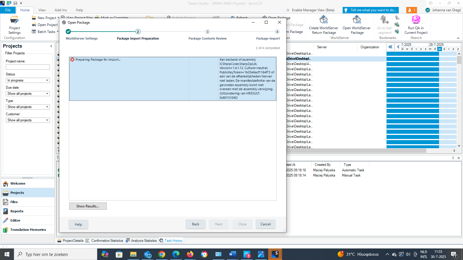 Trados Studio interface showing an error during package import preparation with a message in Dutch about assembly ICSharpCode.SharpZipLib and HRESULT: 0x80131040.