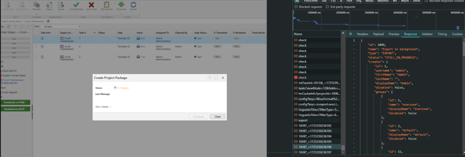 Screenshot of a WorldServer Developers forum interface showing a 'Create Project Package' dialog box with the status 'In Progress' and no last message displayed.