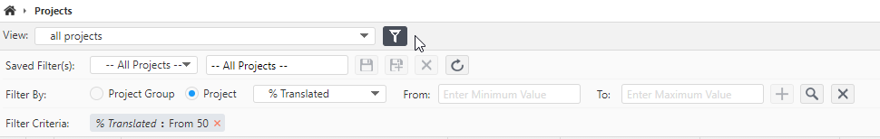 Screenshot of WorldServer Developers forum showing the Projects page with a filter menu open, indicating a filter for projects with a translation percentage from 50%.