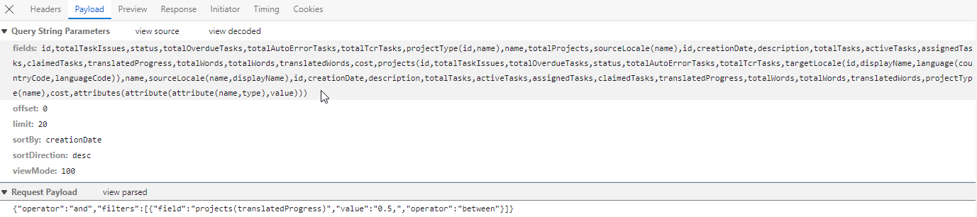 Screenshot of a browser developer tools Payload tab with a JSON request payload visible, containing search parameters for WorldServer projects with a translation progress between 0 and 50%.