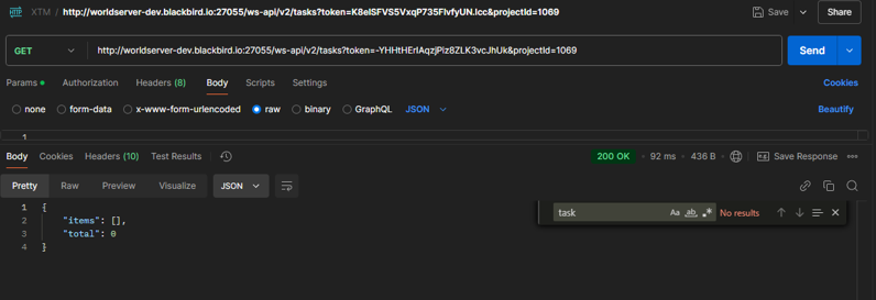 Screenshot of an API response in Postman for a specific project ID showing an empty 'items' array with a 'total' count of 0 tasks.