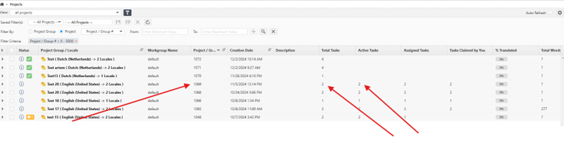 Screenshot of the WorldServer Developers forum UI highlighting discrepancies where the UI shows active tasks for projects but the API response does not.