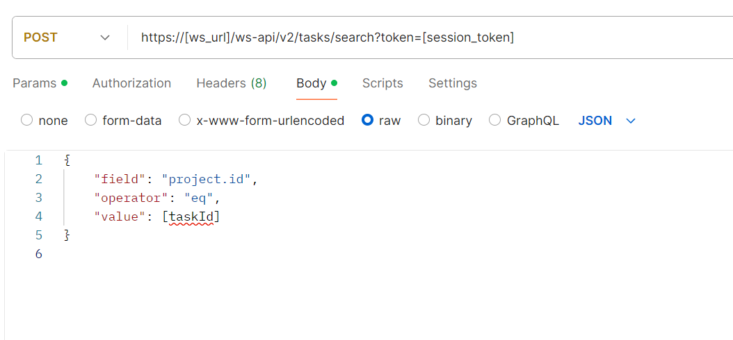 Screenshot of a POST request in an API interface with a JSON body to search for tasks by project id in WorldServer. The URL and session token are redacted.