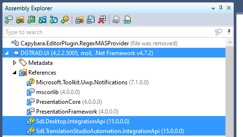 Assembly Explorer window showing DGTRAD.UI assembly version 4.2.5005, msi, .Net Framework v4.7.2 with a list of references including Microsoft.Toolkit.Uwp.Notifications and various Presentation and SDL components.