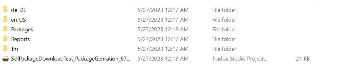 Screenshot showing Trados Studio project folders with a file named 'SdlPackageDownloadTest_PackageGeneration_67...' indicating a project file of 21 KB size.
