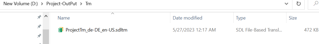 Screenshot displaying the contents of the 'Tm' folder with a file 'ProjectTm_de-DE_en-US.sdltm' modified on 5272023 at 12:17 AM, size 472 KB.