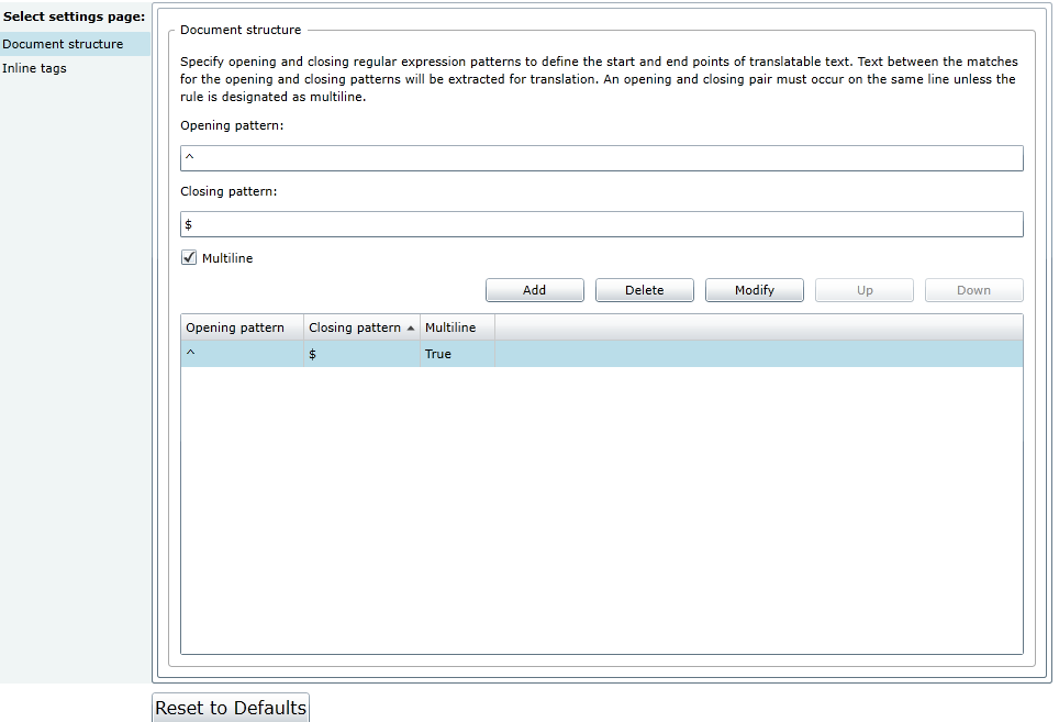 Trados Studio settings page showing Document structure with opening and closing pattern fields and a Multiline checkbox checked.