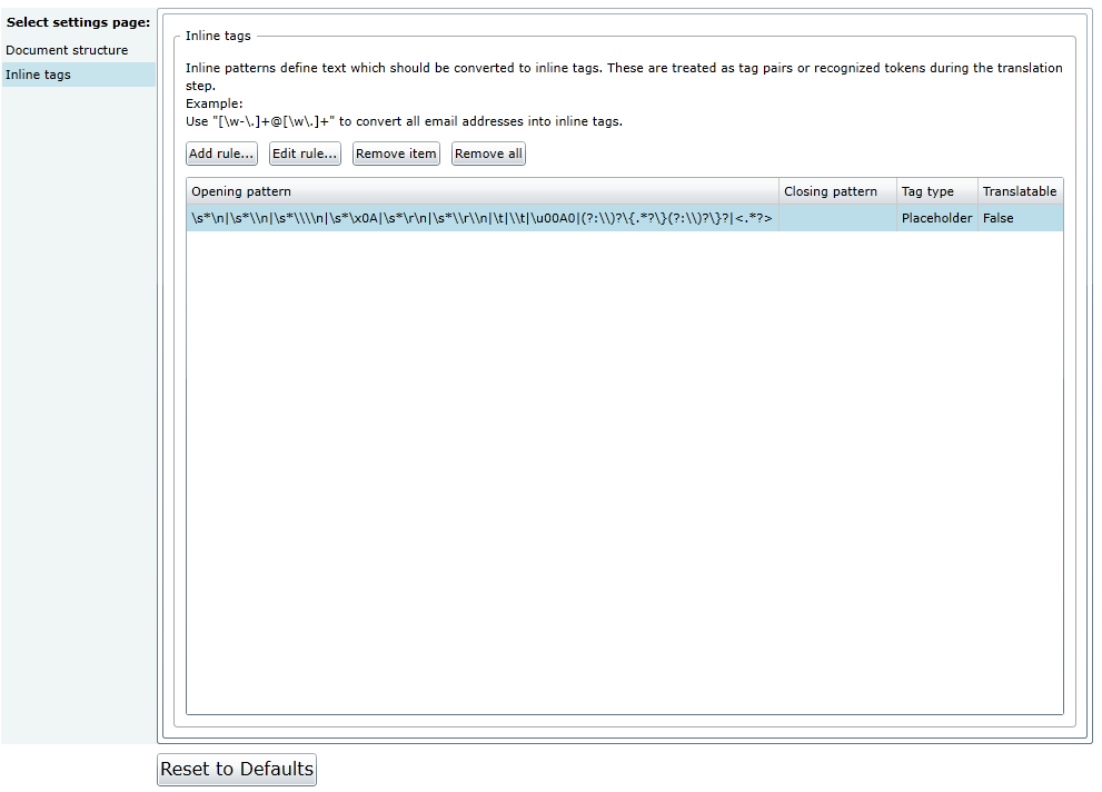 Trados Studio settings page for Inline tags with a complex regex pattern entered in the Opening pattern field.