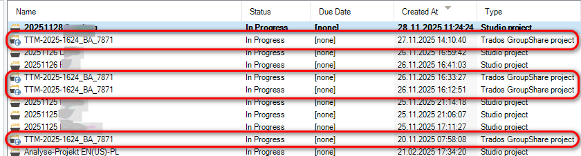 Screenshot showing a list of projects with identical names 'TTM-2025-1624_BA_7871' highlighted in red, all marked as 'In Progress' with 'Trados GroupShare project' type.