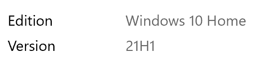 System information showing the operating system as Windows 10 Home Edition, Version 21H1.
