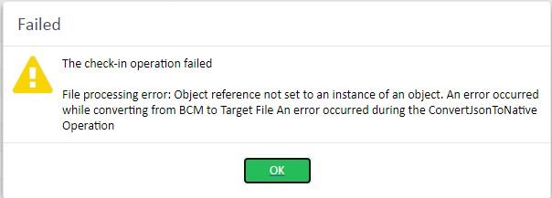 Error message in Trados Studio stating 'The check-in operation failed' with details about a file processing error related to object reference and conversion operation.