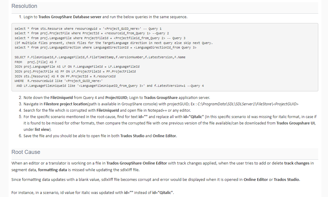 Screenshot of Trados Studio resolution steps including SQL queries and instructions for locating and correcting corrupted files with missing italic format.