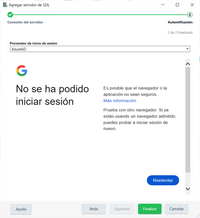 Trados Studio screenshot showing an error message 'No se ha podido iniciar sesion' with a suggestion to try a different browser as the current one may not be secure.