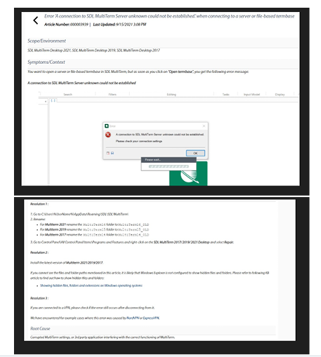 Web page with troubleshooting steps for SDL MultiTerm Server connection error, including a screenshot with an error message dialog box.