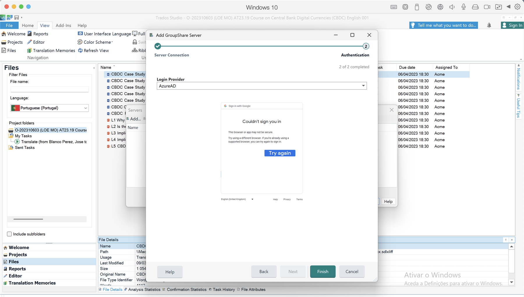 Error message in Trados Studio's embedded web browser stating 'Couldn't sign you in' with a suggestion to try a different browser for security reasons.