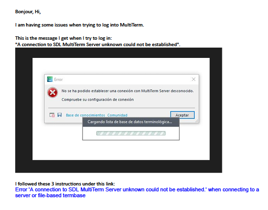 Error dialog box with message 'No se ha podido establecer una conexion con MultiTerm Server desconocido. Compruebe su configuracion de conexion' and an 'Aceptar' button.