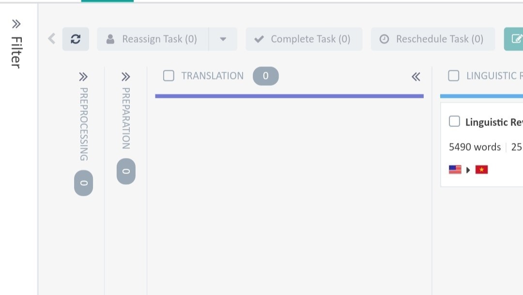 Trados Studio GroupShare interface showing the Translation stage with zero tasks and options to Reassign Task, Complete Task, and Reschedule Task.