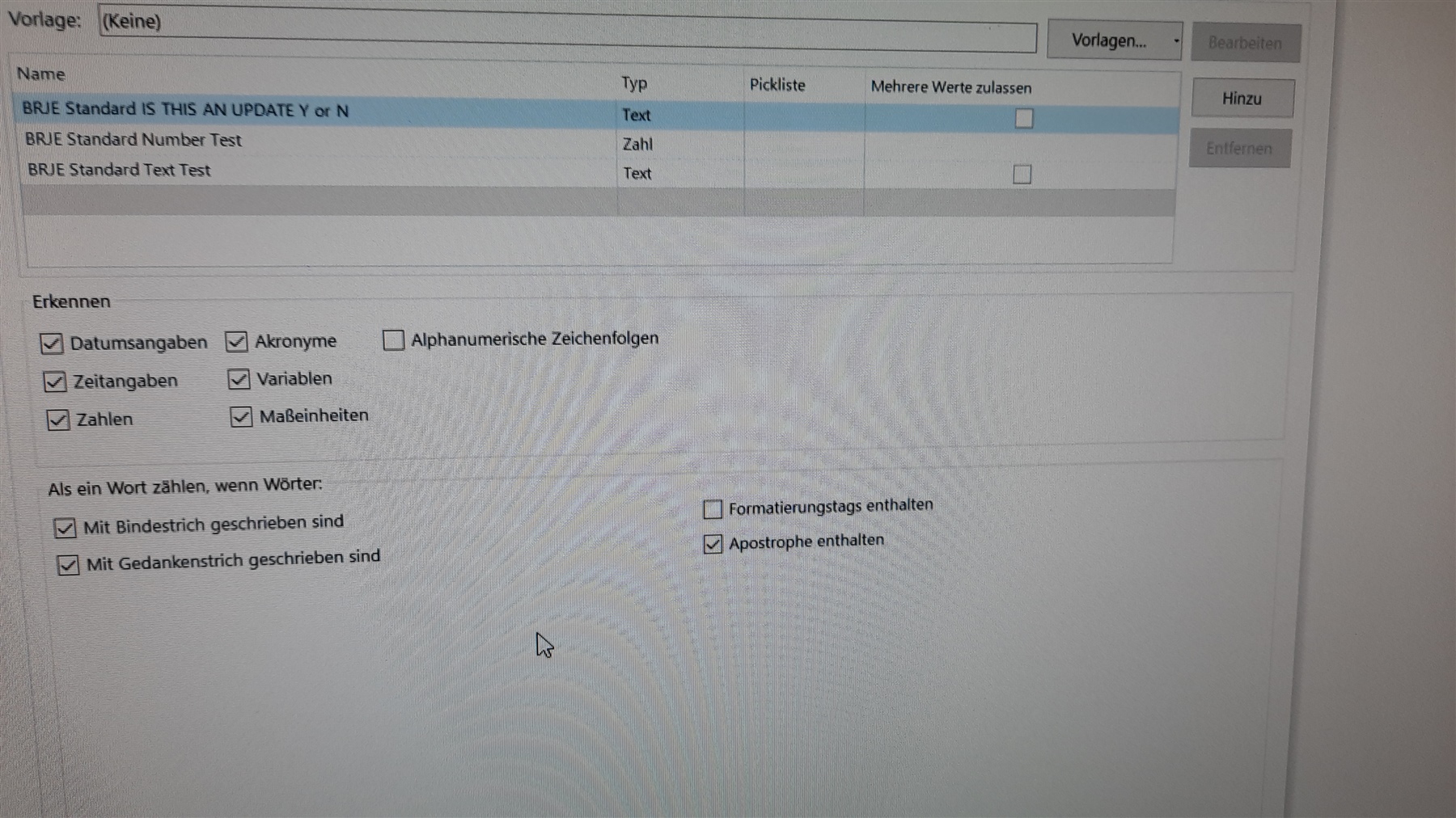 Trados Studio test settings screen showing options for recognizing dates, times, numbers, and units, with checkboxes for hyphenated and apostrophe-containing words.