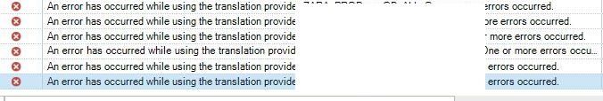 Screenshot of multiple error messages in Trados Studio stating 'An error has occurred while using the translation provider: One or more errors occurred.'