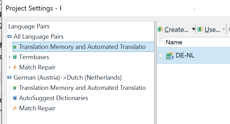 Trados Studio Project Settings window showing Language Pairs, with German (Austria) to Dutch (Netherlands) selected, and a DE-NL Translation Memory highlighted.