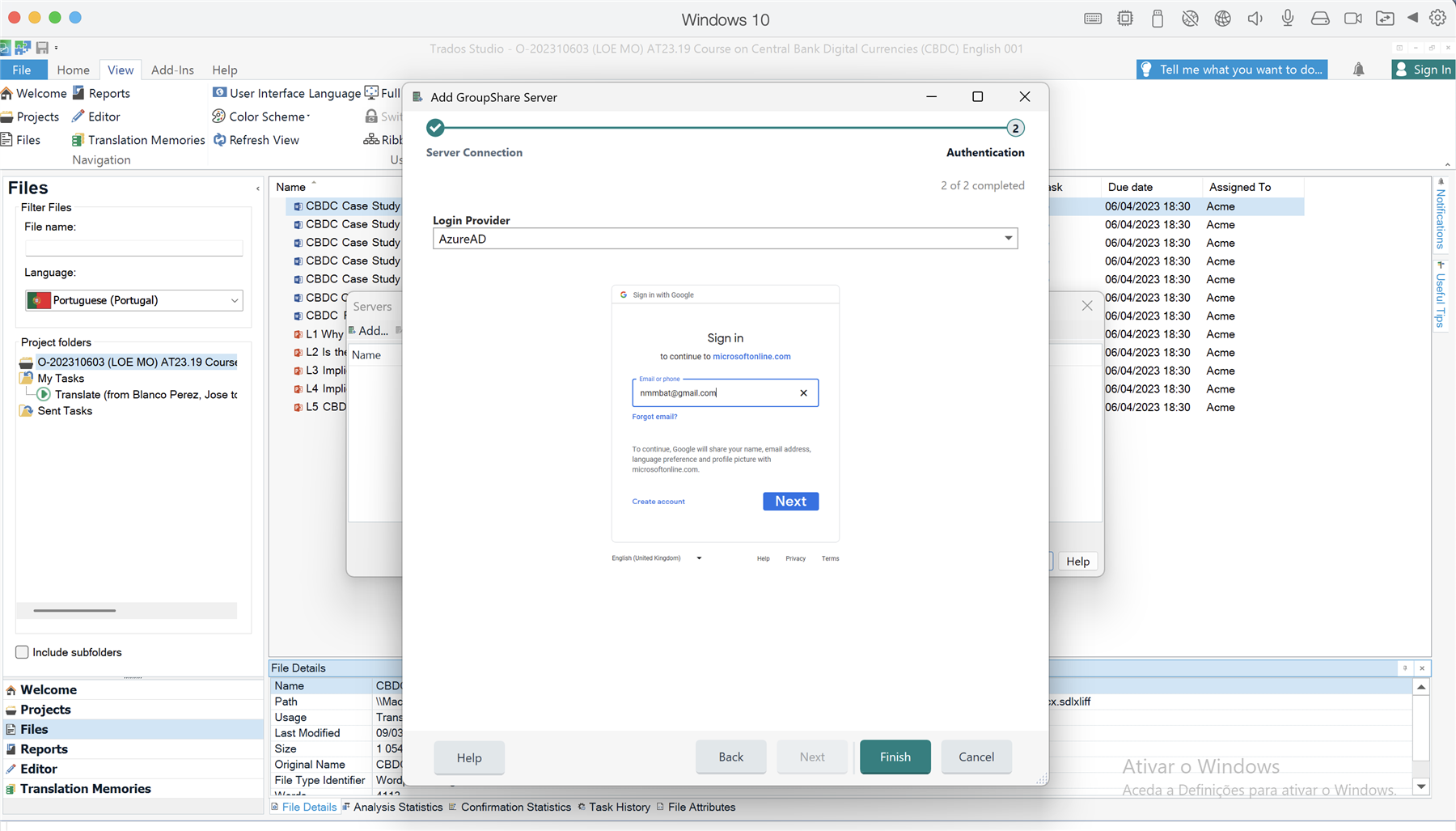 Trados Studio server connection window with an embedded web browser displaying Microsoft login page for email authentication.