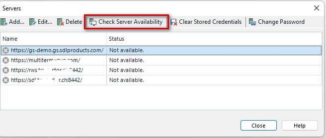 Trados Studio server list window showing four servers with 'Not available' status. 'Check Server Availability' button is highlighted.