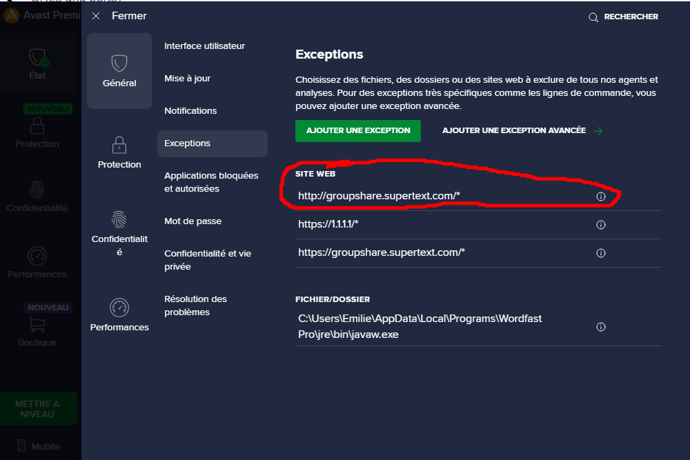 Avast antivirus exceptions settings showing the website 'groupshare.superext.com' added as an exception.