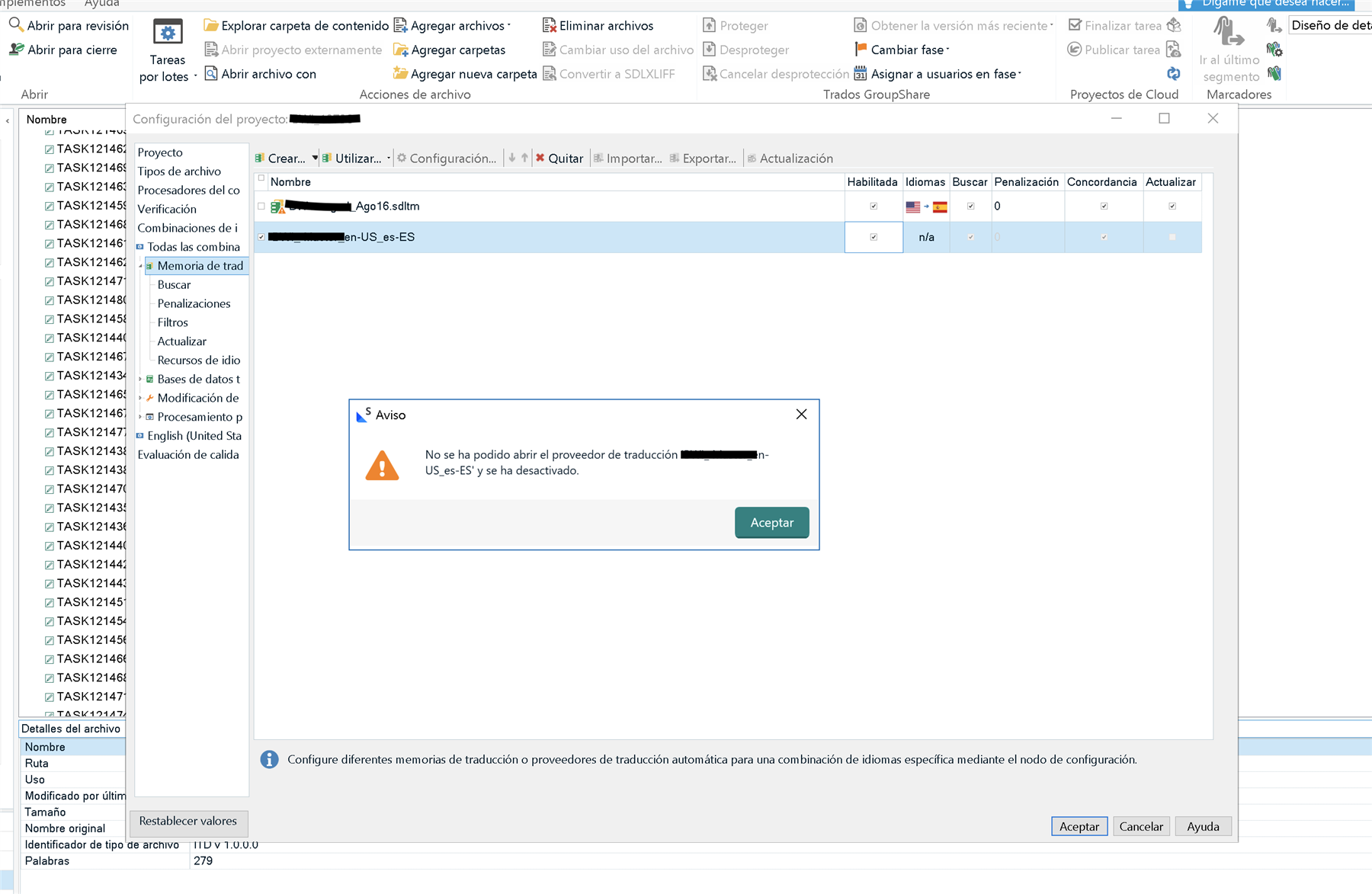 Trados Studio 2024 interface showing a project configuration window with a warning message stating 'No se ha podido abrir el proveedor de traducci n redacted en-US_es-ES y se ha desactivado.'