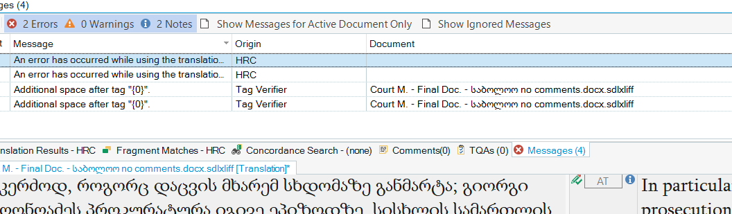 Trados Studio error message panel showing 2 errors related to translation server failure and 2 warnings about additional space after tag '0'.