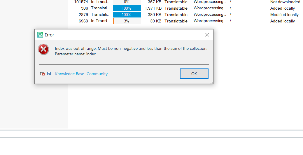 Error dialog box in Trados Studio with message: 'Index was out of range. Must be non-negative and less than the size of the collection. Parameter name: index'. An 'OK' button is available to dismiss the dialog.