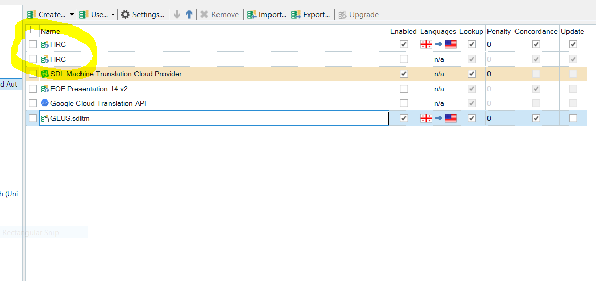 Screenshot of Trados Studio project settings showing TM view with two identical server TMs named 'HRC' highlighted, indicating they are added by default.