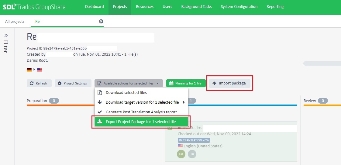 Trados GroupShare web interface showing a project named 'Re:' with options to download selected files, download target version, generate report, and highlighted 'Export Project Package for 1 selected file'. An 'Import package' button is also visible.