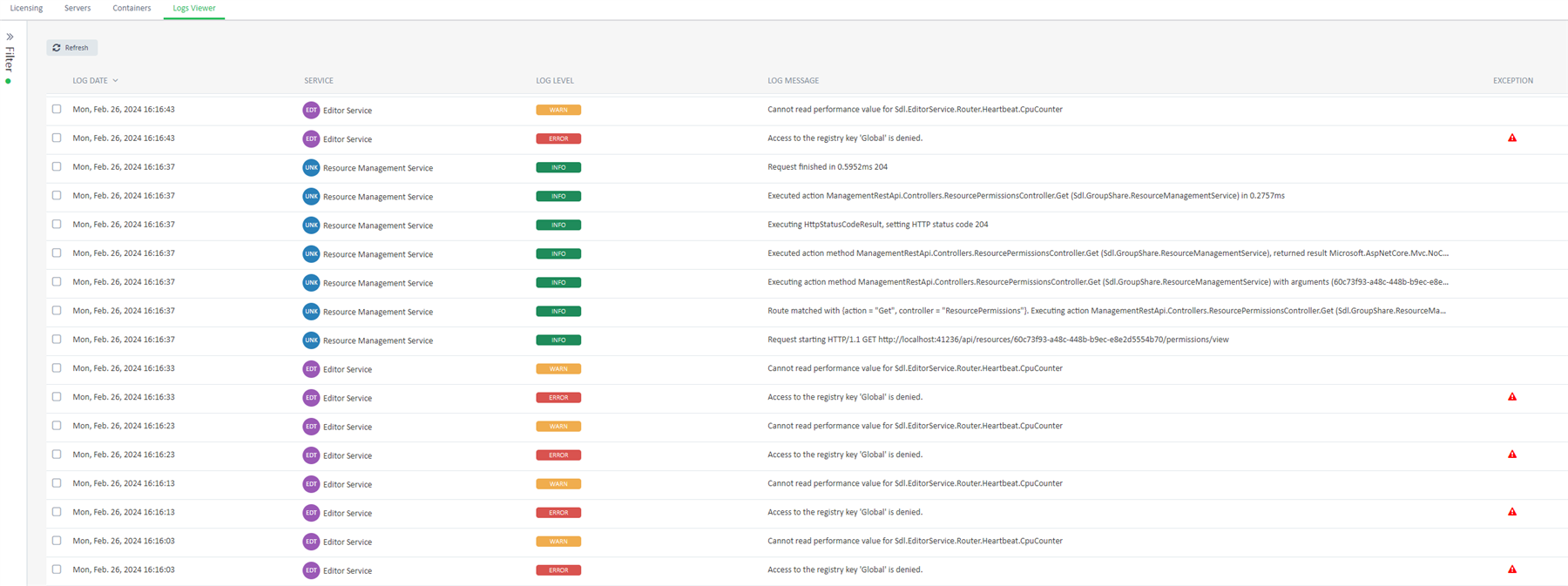 Screenshot of Trados Studio Groupshare server error log with multiple entries. Warnings include 'Cannot read performance value for Sdl.EditorService.Router.Heartbeat.CpuCounter'. Errors include 'Access to the registry key 'Global' is denied.'